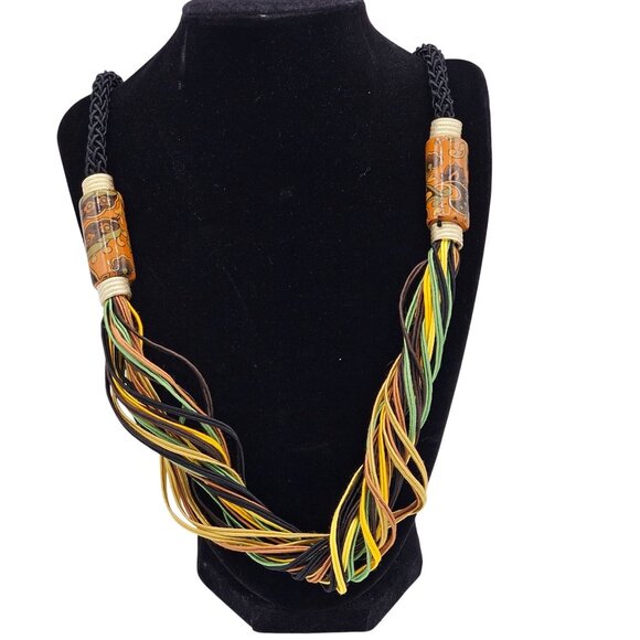 Bohemian Multicolor Woven Necklace With Painted Glass Beads Twist Clasp - Picture 1 of 10